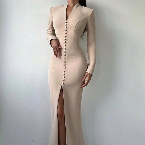 Khaki Elegant Women's Long Sleeve Formal Dress - Picture 4 of 7